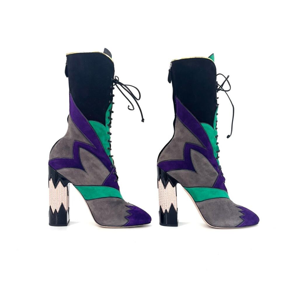 Miu Miu SS2016 Suede Patchwork Colorblock Crystal Embellished High Heel Boots 40 - Picture 5 of 10